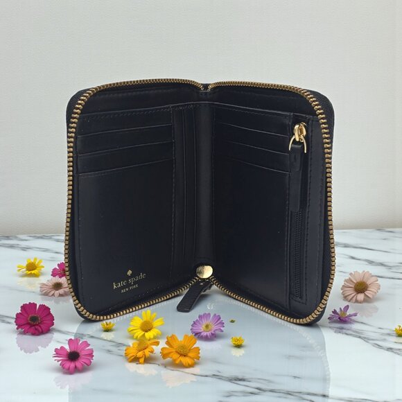 Kate Spade Laurel Way Darci Floral Appliqué Zip Wallet Black Pebbled Leather - Picture 7 of 16